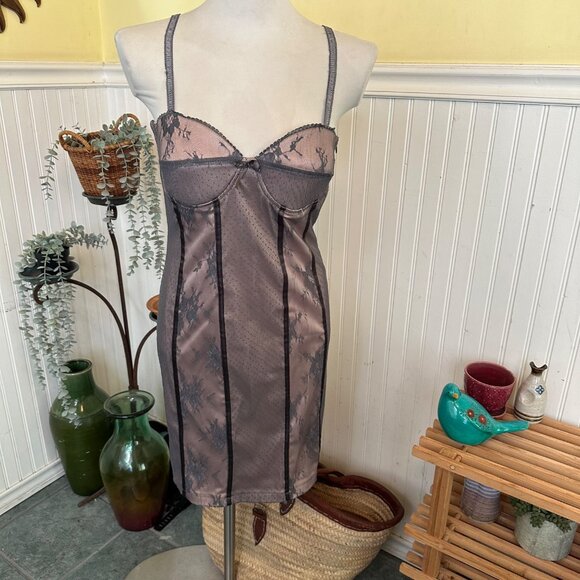 Rinascimento Made In Italy Lace & Sheer Slip Dress M Gray With Black Floral Acce - Picture 1 of 12